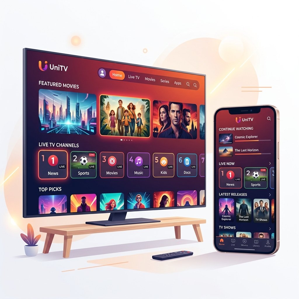 Tela do aplicativo UniTV funcionando em uma Smart TV